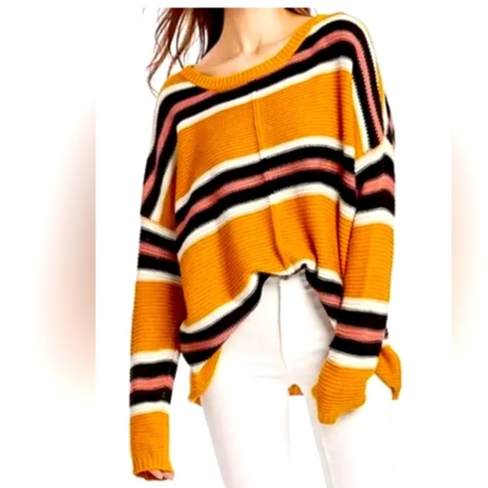 FREE FOR ALL S hi-low knit sweater in tan with blue/white/rose stripes EUC